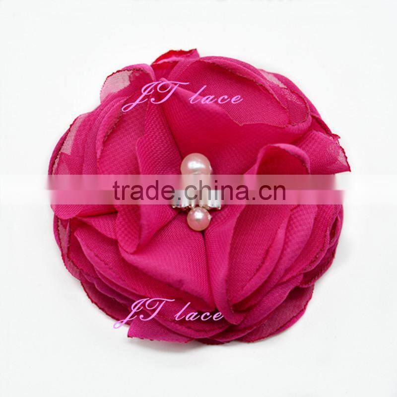 Lavender/hot pink/aqua/red fabric flower - shabby flower with 2 small pearl and 2 small rhinestone centre