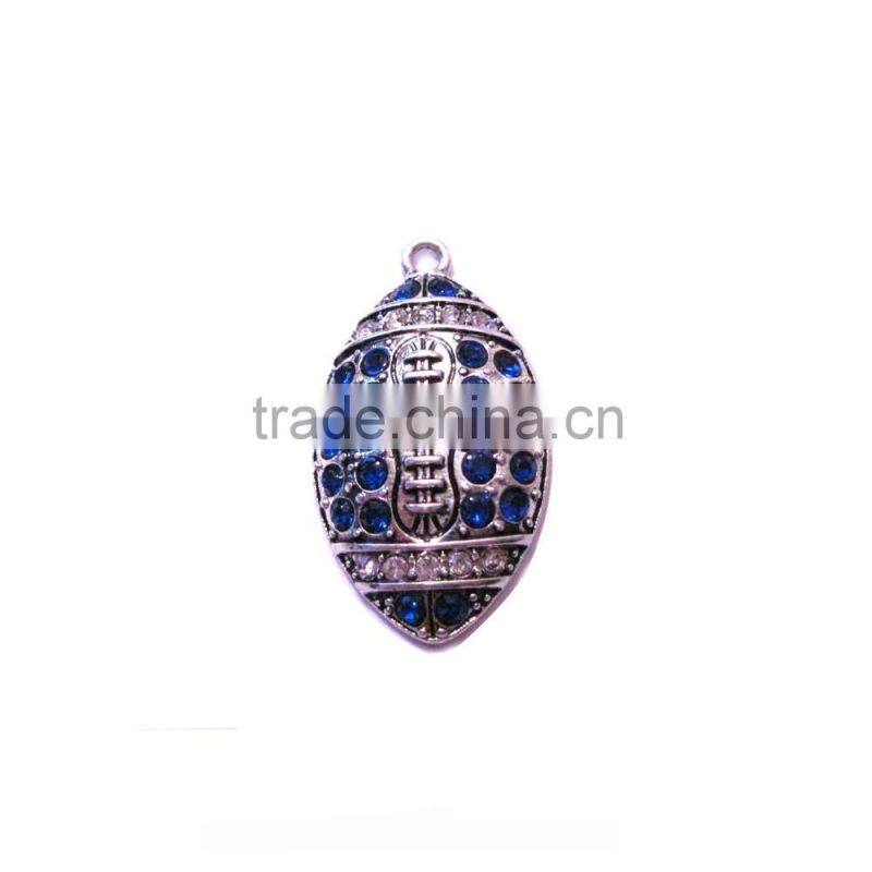 OEM Tibetan Silver Tone Blue Crystal Football Charms Pendants, Rugby Charm, Sports Charms