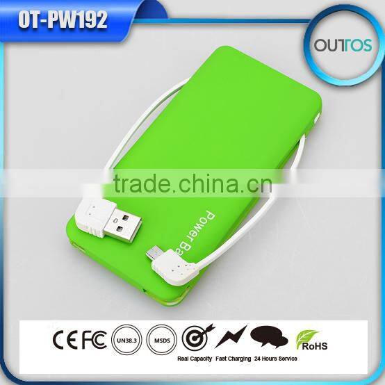 6000mah credit card size power bank with 2 bulit-in cables