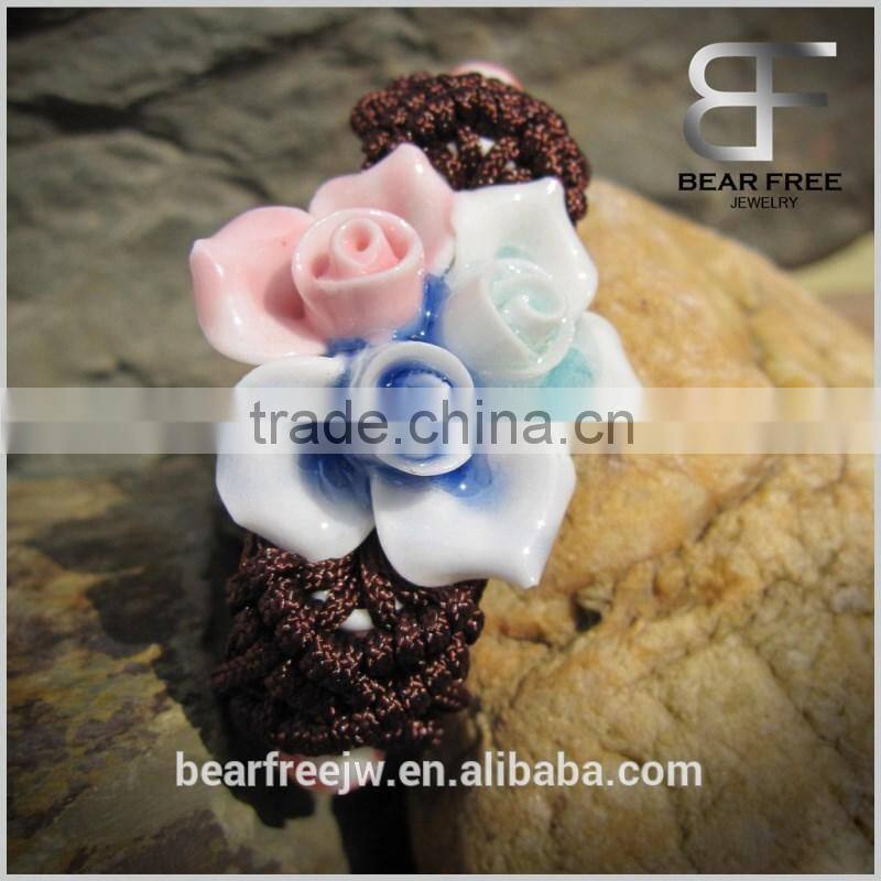 Ethnic 3 Colors Rose Flowers Women's Ceramic Friendship Bracelet with Dark Blue braided rope
