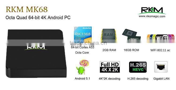Rikomagic MK68 Octa core 64bit OTT box A53 2G RAM, 16 ROM Kodi Rockchip 3368