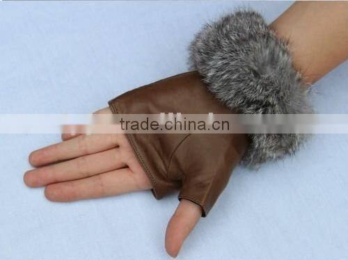 2016 Hot selling rabbit fur trim fingerless leather glove