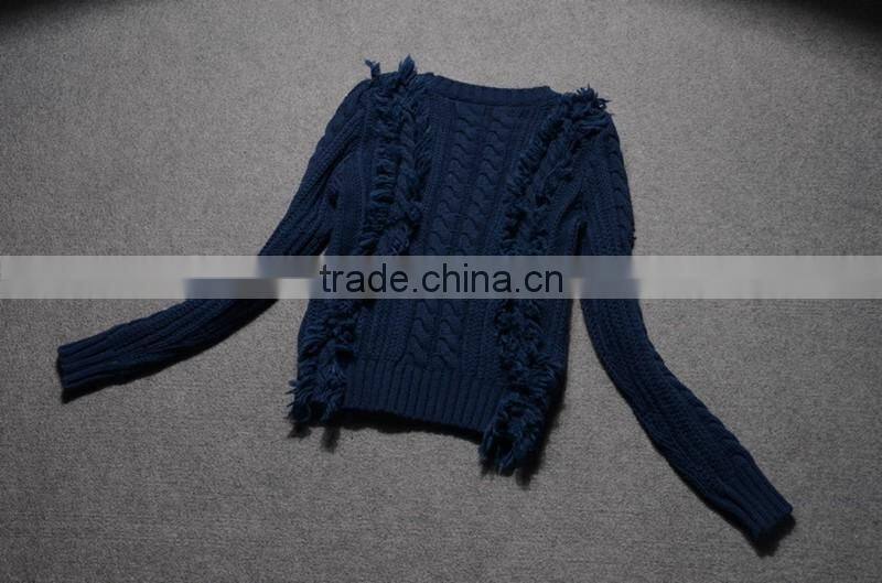 Wholesales Sweater Design Woman Latest Fashion Navy Blue Knitted Sweater With Long Sleeve