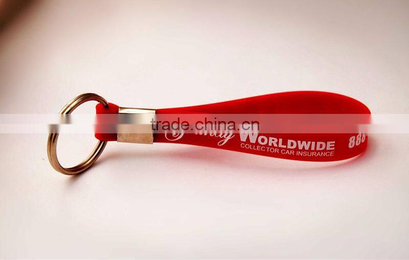 Red Silicone loop keychain keyring with stainless steel ring and printed logo