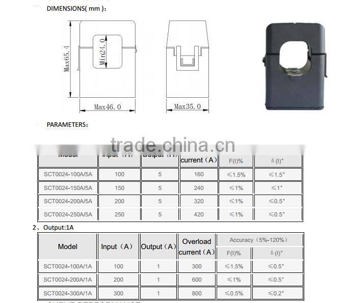 input 100a 150a 200a 250a 300a output 1a or 5a split core current transformer