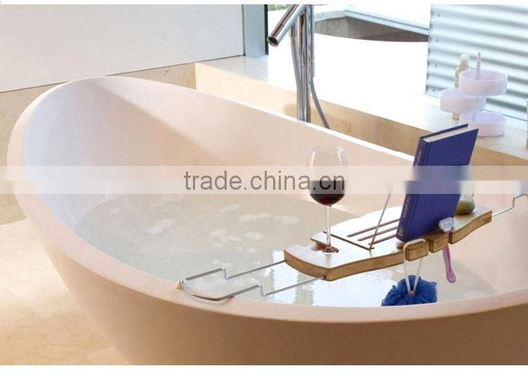 Non-Slip Bamboo Bathtub Caddy with Extending Sides Adjustable Handcrafted Bath Tray with Reading Rack Wine Holder Cellphone Tray