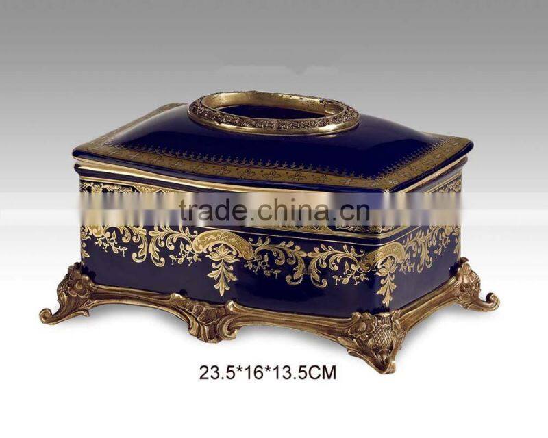 New design noble appliance blue ceramic floral painting brass decorative tissue box