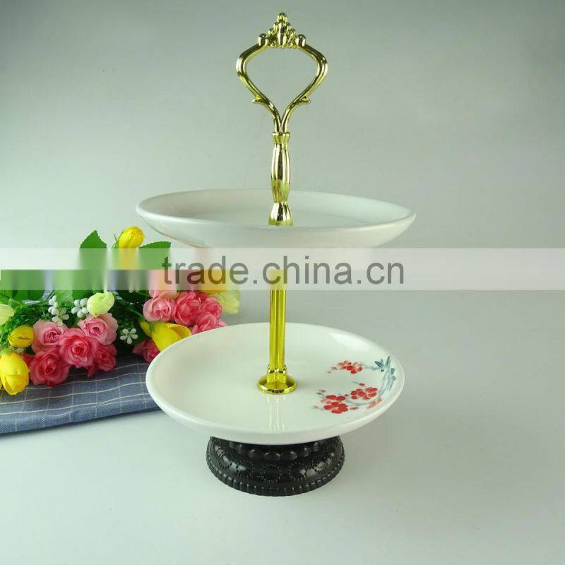 Wholesale Stocked porcelain two layers cake stand for food, porcelain fruit plate with gold line,wedding cake use