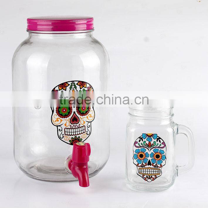 3L Happy Halloween Skull Glass beverage dispenser and mason jar