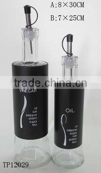 metal coating cylinder glass oil vinegar bottle with design