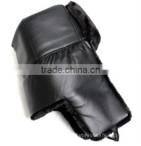 Winter hat with earflaps crazy faux fur leather trapper hat