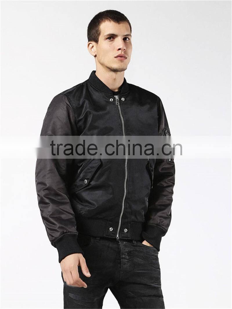 MGOO Manufacturer Custom Designs Mens Jackets Basic Plain Black Bomber Jackets 100 Cotton Long Sleeves Pockets