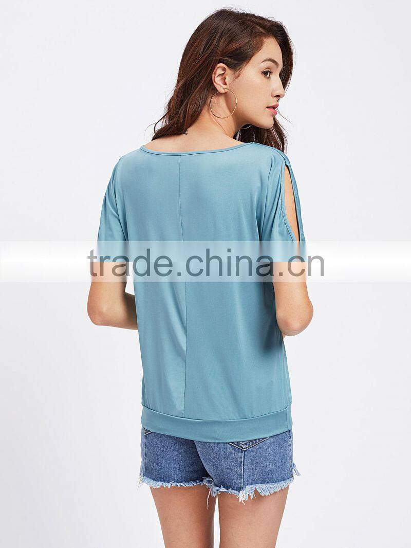 MGOO Design Custom Made Feather Print Split Shoulder Tee Short Sleeve Stretchy Soft Modal Tshirt Women Jersey Shirt