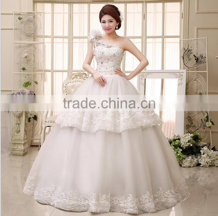 Wholesale Flowers High Low Lace Layer Sweet Wedding Dress Tie Back Drilling Single Shoulder Wedding Dress