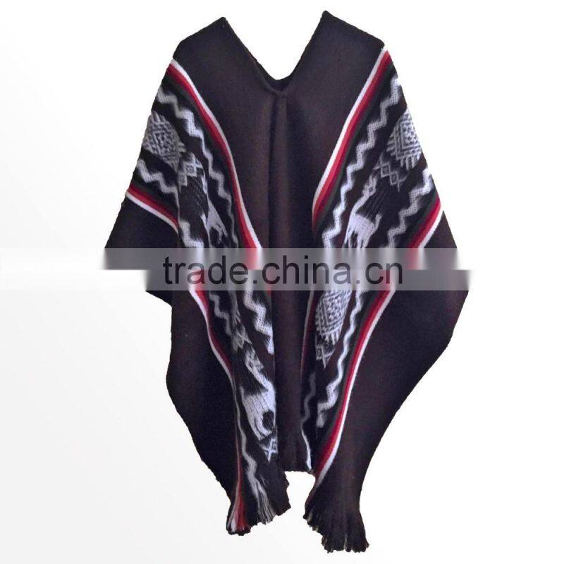 3/4 sleeve super soft warm Geometric pattern 100% llama wool poncho