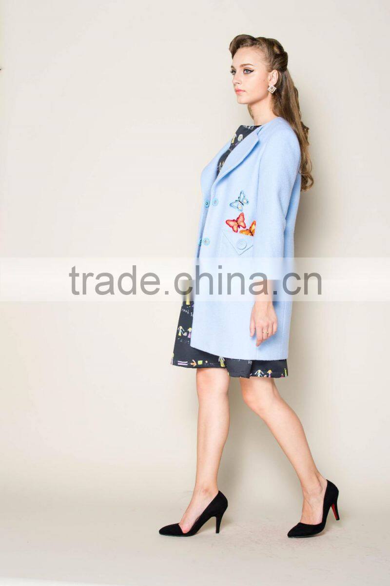 elegant blue butterfly embroidered designed high fashion european style winter coats for girls