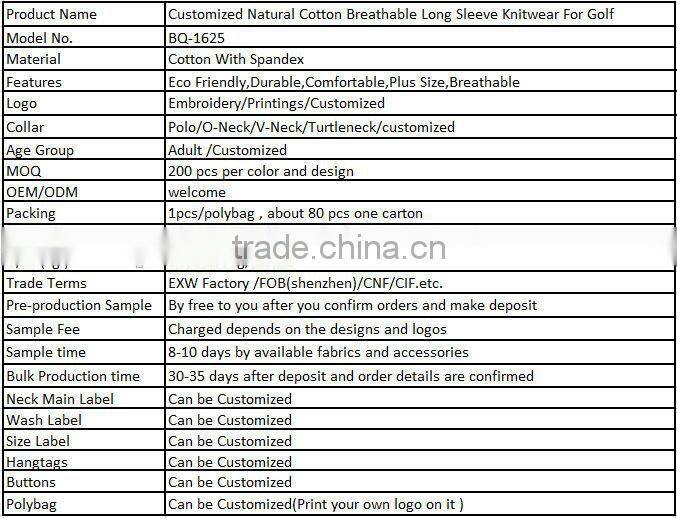 Customized Natural Cotton Breathable Long Sleeve Knitwear For Golf