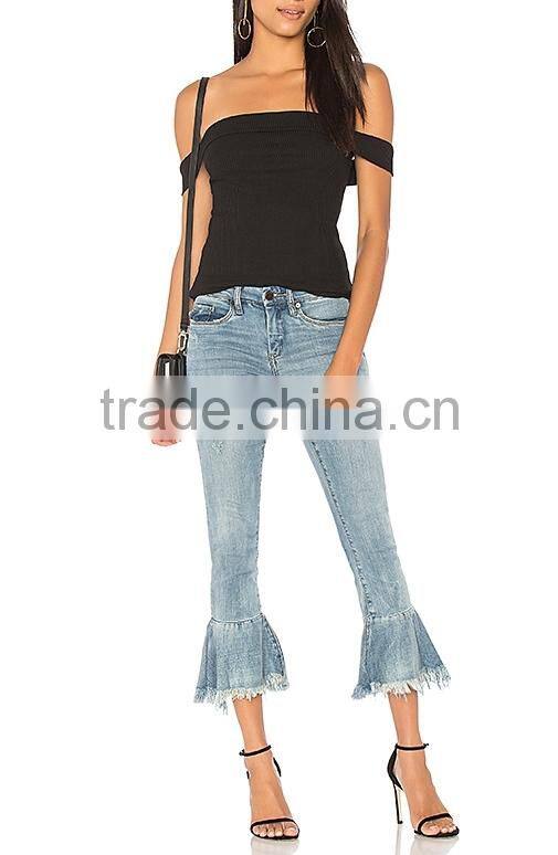 2017 Hot sale young girls jeans pants ruffle ninth denim jeans ladies jeans design