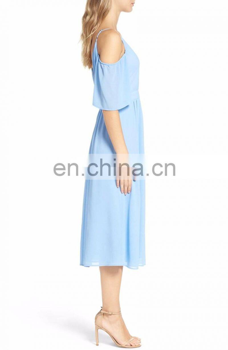 Cold Shoulder Fashion Midi Dress with Adjustable Straps