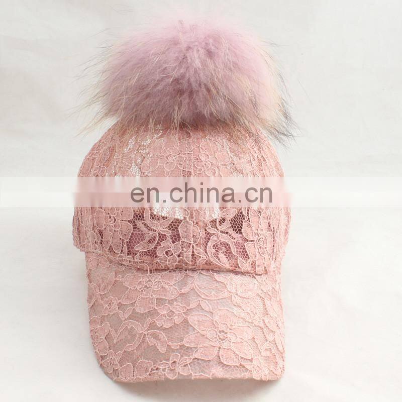 2016 Popular Six Panel Fur Pompom Thin and Sexy Lace Cap Wholesale