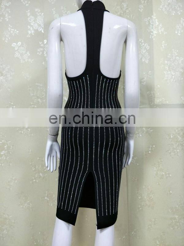 Amigo 2017 new design sexy black 100% cotton halter slit full hot-fix rhinestone evening dresses for ladis party wear