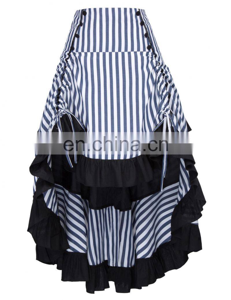 Belle Poque Striped Gathered Steampunk Vintage Gothic Style White High-Low Skirt BP000345-1