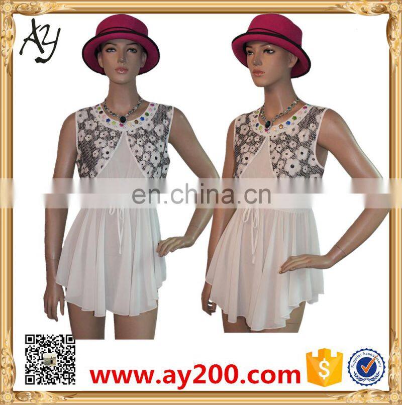 2016 Short sleeve design floral printed style chiffon long shirt white colors shirts for womem