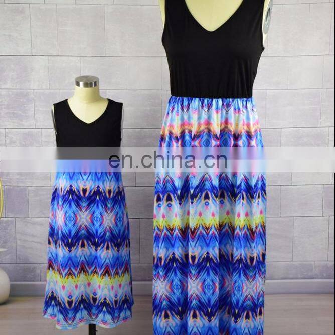 Hand embroidered side trim polyester long maxi dress family matching mother and daughter dress (this link for WOMAN)