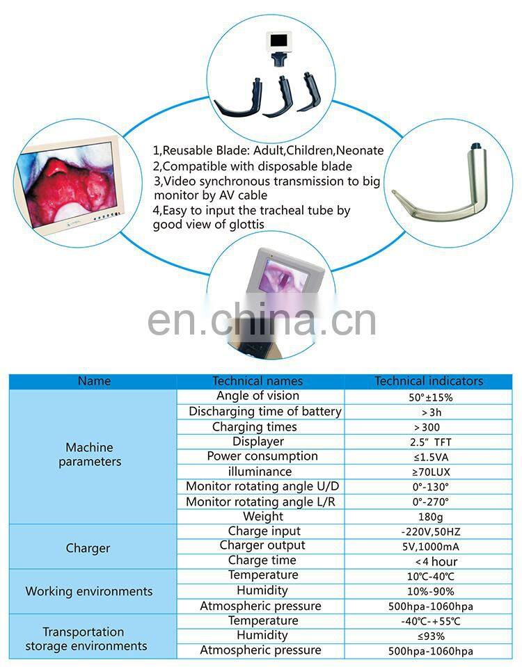 Good view field 2.5 inch LCD screen disposable or reusable blades video laryngoscope set