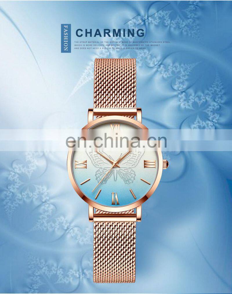 Hannah Martin 13620 Women Watch Luxury 3D Butterfly Rose Gold Mesh Strap Japanese Movement Waterproof Quartz Women Wristwatch
