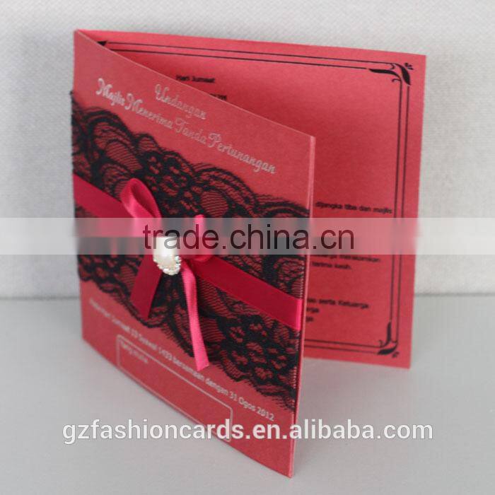 2014 Hot Sale Luxurious Wedding Invitation Card with Lace and Brooch