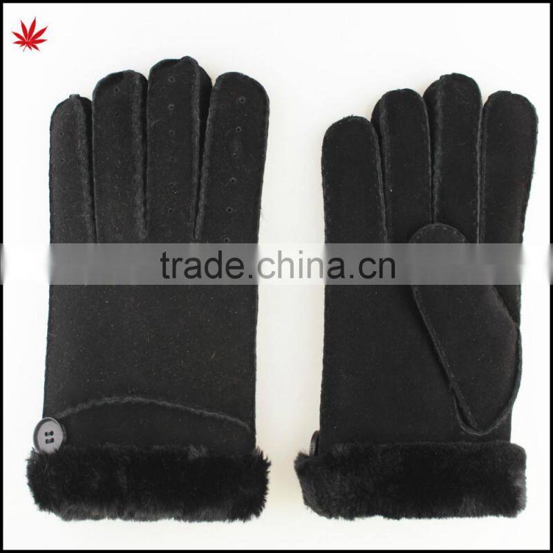 ladies double face sheepskin leather gloves with button and fake fur