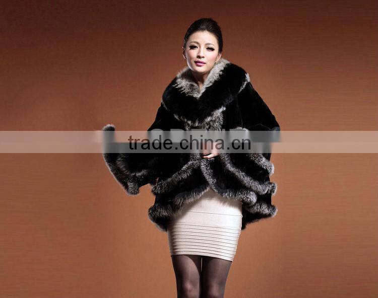 QD28040 Hot Selling Girl Women Lovely Fashion Rex Rabbit Fur Shawl with Silver Fox Fur Trim