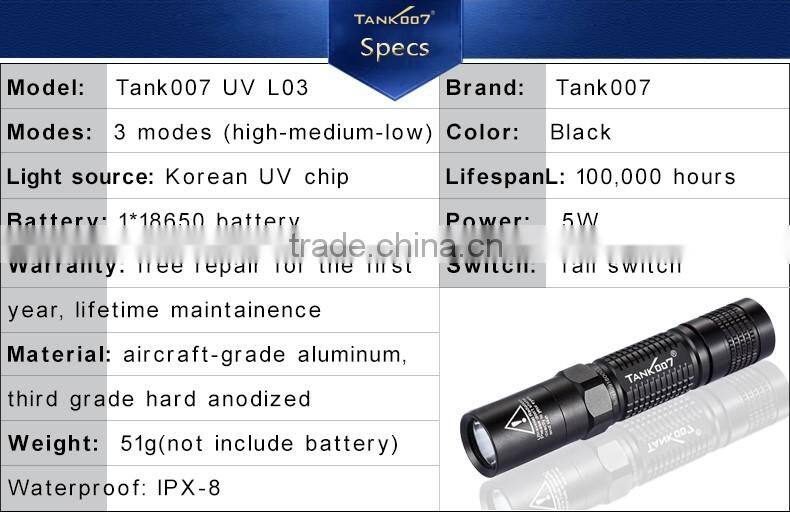 2016 best selling 365nm 5w blacklights led purple light uv flashlight UVL03