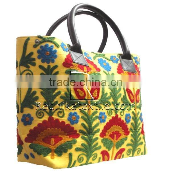 RTHHBC-28 Modern Colorful Flower Embroidered Uzbek Suzani Large Canvas Tote shopping bag For Ladies India jaipur Wholesaler