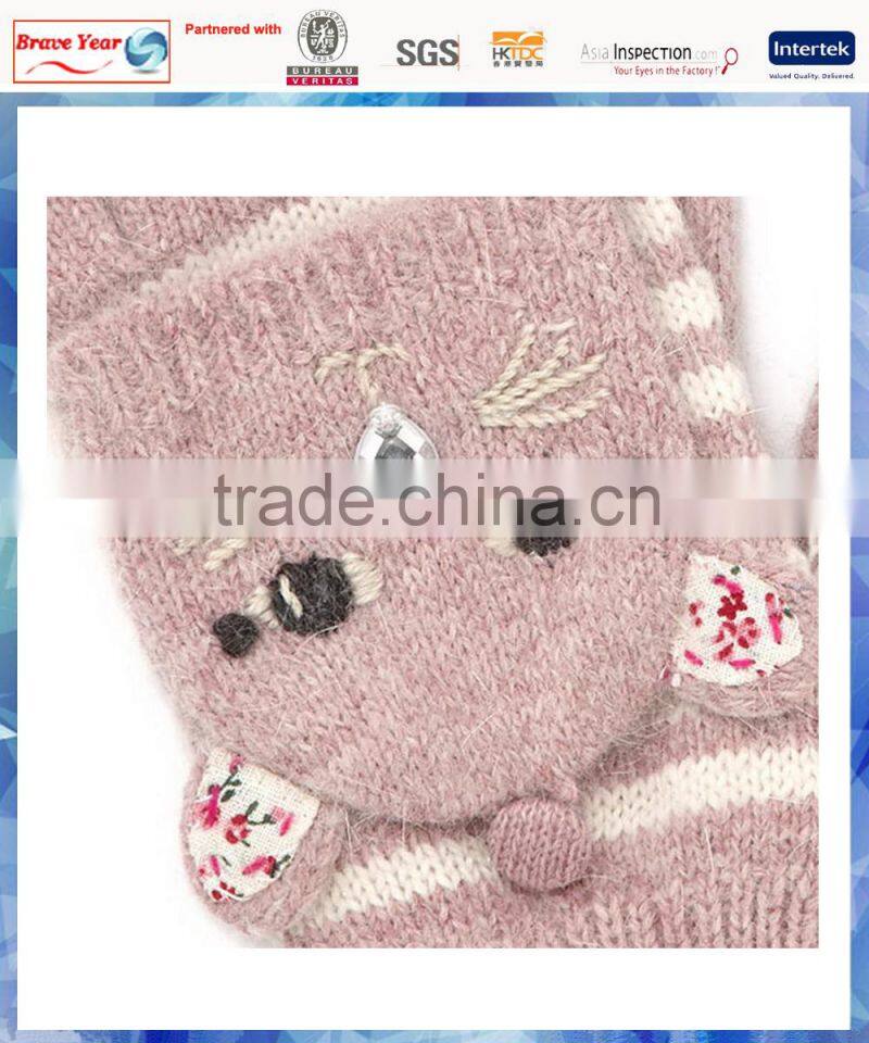 young girls fluffy cat capped knitted winter glove mitten