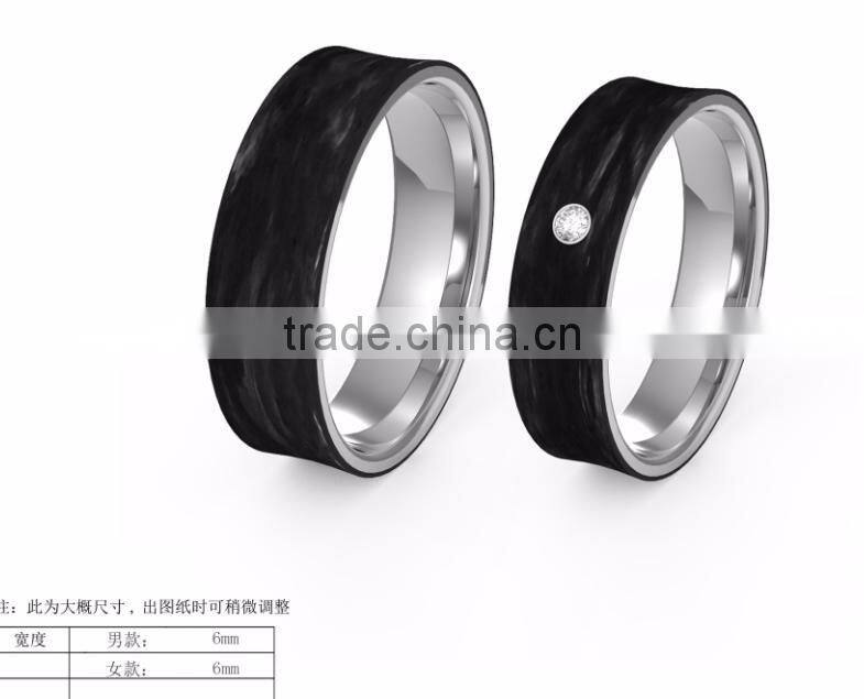 Fashion Wedding 925 Silver jewelry ring Black Carbon Fiber couple Ring with Cubic zirconia inlay ring