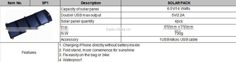 Foldable solar charger 14w outdoor portable solar panel charger usb battery charging for phone Power Bank computer