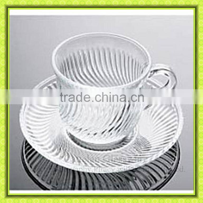 Eco-friendly apple engraved glass tea cup and saucer,glass coffee mug with tray for cafe' or restaurant