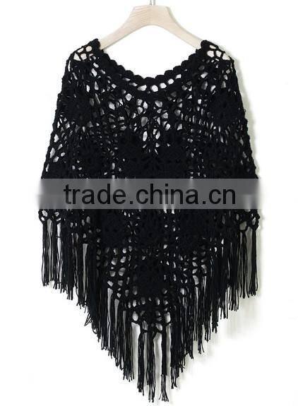 15SHT8004 bamboo crochet fringe cape poncho