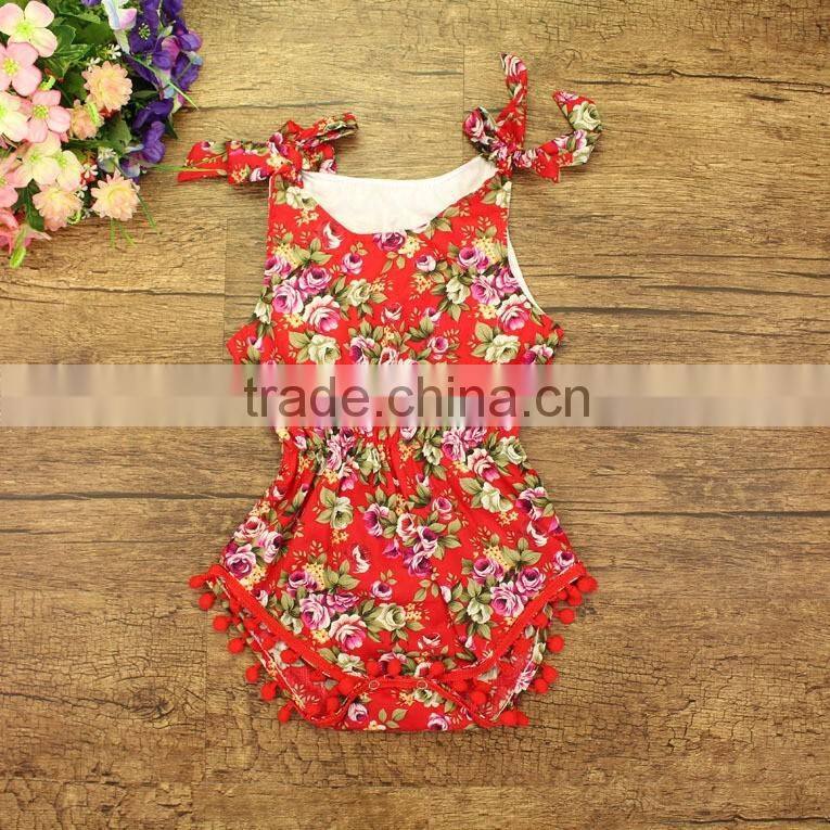 Wholesale kids jumpsuit baby girl pom pom rompers with rose flower baby romper clothes baby rose floral patterns