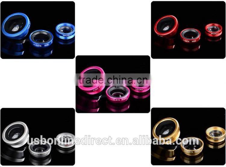 Fashionable 3 in 1 clip-on camera adapter optical microspur fisheye wideangle lense for mobile phone