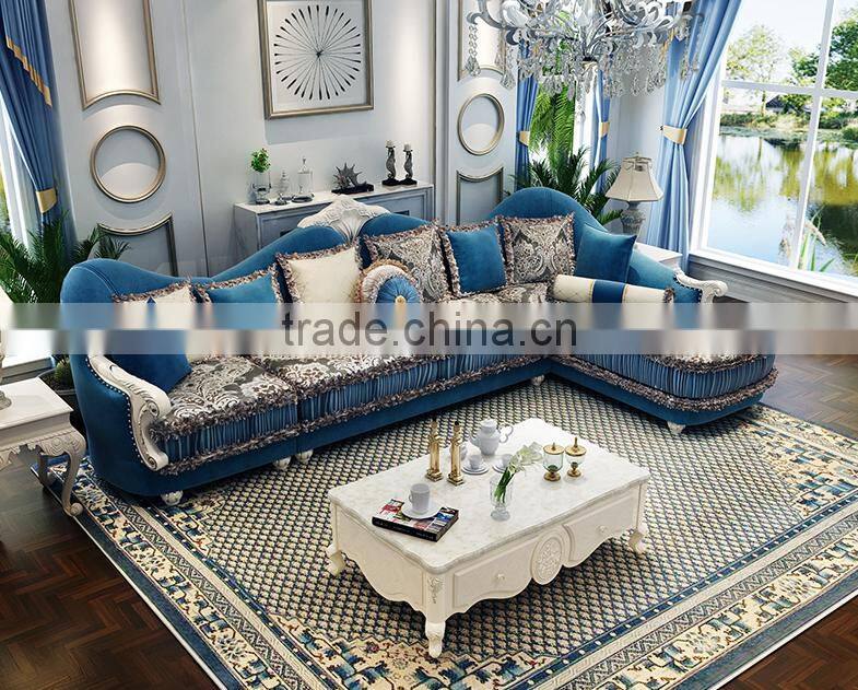 Warm blue color flower painting fabric corner sofa set