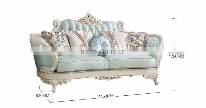 Neoclassic solid wood living room furniture fresh light blue color leather sofa set