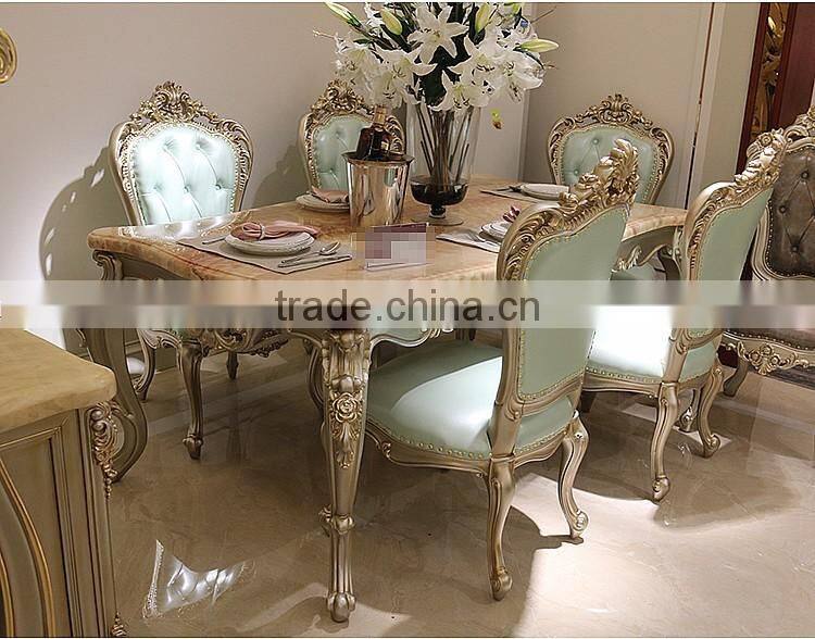 Retro Design Dinning Room Furniture Set, Gold Painting Rectangular Dinning Table For Six, Hand Carved Wooden Dinner Chair