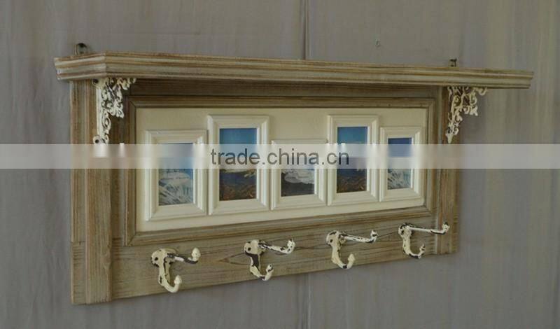 2016 shabby chic wooden shelf with frames with hooks
