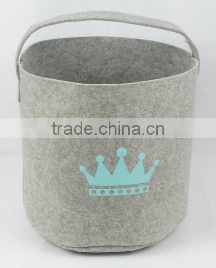 Crown Printed Grey Felt Round Storage Basket With Handle
