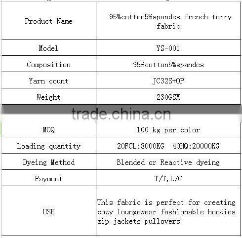 61" wide 230g/sqm 95%cotton5%spandes french terry fabric yard