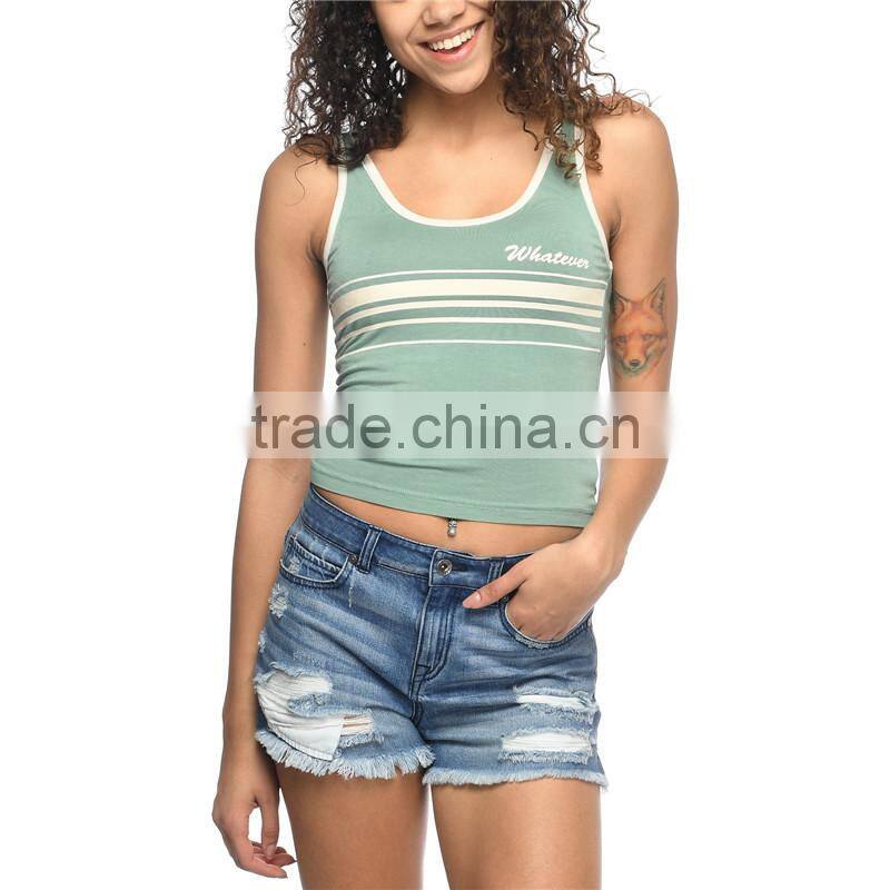 MGOO Fashion Low Cut Neck Slim Fit Ladies Crop Top Custom White Stripe Printing Gym Tank Top