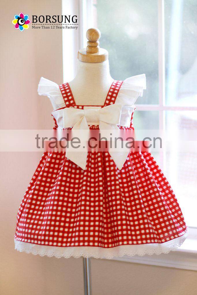 Hot sale baby girl angle sleeve lace lovely red plaid maid 3 year old party dresses for kids summer clothing